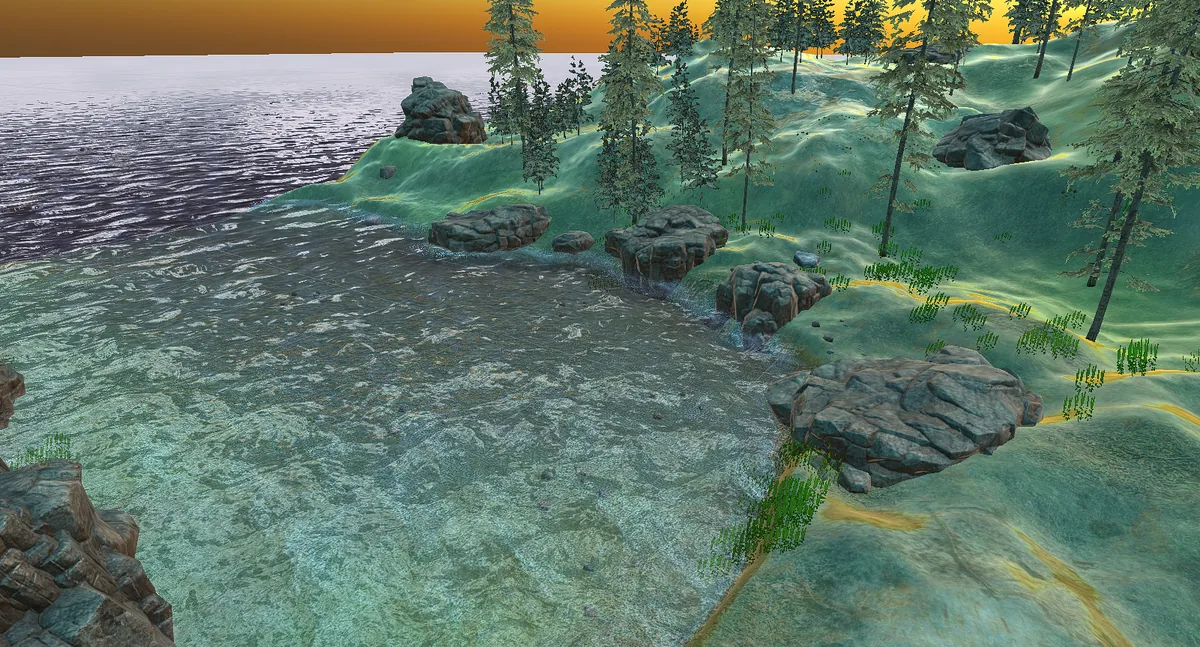 Rocky shoreline detail in the Unity meditation environment